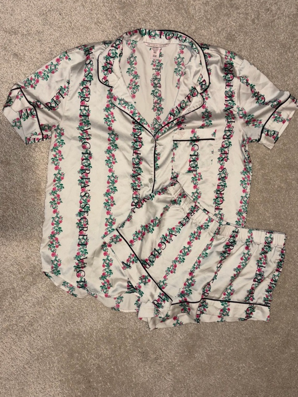 Victoria's Secret Silky Satin Floral Stripe Short Pajama Set - White/Pink/Green